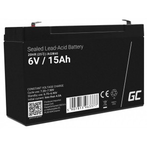 Green Cell AGM VRLA 6V 15Ah priežiūros nereikalaujanti baterija signalizacijai, kasos aparatui, žaislui, valčiai, paspirtukui - GC6V15