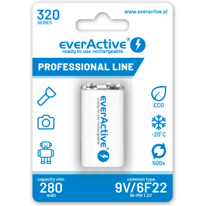 Baterija everActive 6F22, HR6FA, HR9F, 6AM6, K9V, PP3 9V 320mAh NiMH - EVHRL22-320