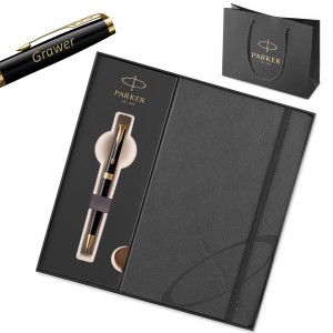 Dovanų rinkinys: tušinukas „Parker Sonnet Black Lacquer GT“ su graviravimu / užrašų knygutė ir maišelis Dovanų rinkinys: tušinukas „Parker Sonnet Black Lacquer GT“ su graviravimu / užrašų knygutė ir maišelis