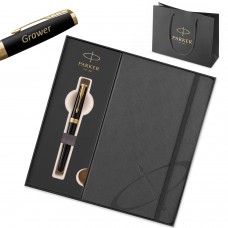 Dovanų rinkinys: „Parker Sonnet Black Lacquer GT“ (M) plunksnakotis su graviravimu / užrašų knygelė ir rankinė Dovanų rinkinys: „Parker Sonnet Black Lacquer GT“ (M) plunksnakotis su graviravimu / užrašų knygelė ir rankinė