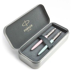 Parker Jotter Originals Pink ir Pastel Blue tušinukų dovanų rinkinys su metaliniu dėklu