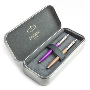Parker Jotter Originals Purple ir Brown Latte Tušinukų dovanų rinkinys su metaline dėžute