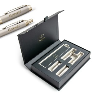 Parker IM Monochrome Champagne - plunksnakotis (F) + rašiklis su graviravimu elegantiškoje dėžutėje
