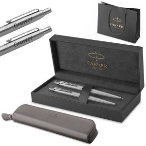 Parker Jotter nerūdijančio plieno CT pieštukų ir rašiklių rinkinys su graviūra / dėklas ir maišelis Dovanų rinkinys