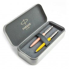 Parker Jotter Originals Powder Pink ir Yellow tušinukų dovanų rinkinys su metaliniu dėklu