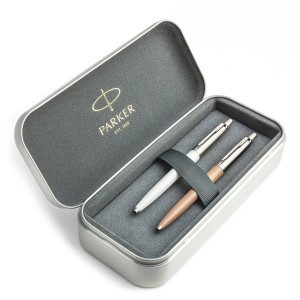 Parker Jotter Originals Pearl ir Beige Tušinukų dovanų rinkinys su metaliniu dėklu