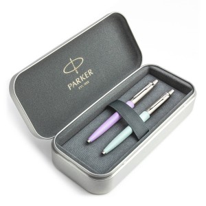 Parker Jotter Originals Lilac ir Pastel Blue Tušinukų dovanų rinkinys su metaliniu dėklu