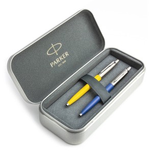 Parker Jotter Originals Yellow ir Blue Tušinukų dovanų rinkinys su metaliniu dėklu